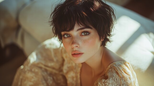 Artistic woman with a wild, asymmetrical pixie cut, wearing a vintage-inspired dress, sitting in a minimalist room with soft lighting.