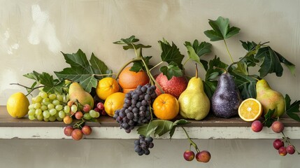 Display of assorted fruits including lemons, oranges, apples, grapes, and pears, arranged on and around wooden barrels.