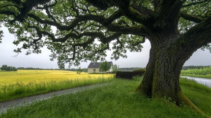 Obraz premium Majestic Oak Tree Rural House Yellow Field Green Grass Countryside Landscape