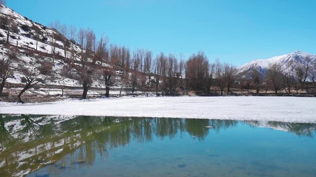 Winter landscape. Beautiful view of snow covered Himalaya mountains, half frozen Nako lake and reflection of dry trees in water. Calm tranquil nature Background.