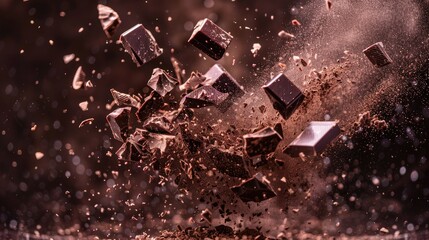 Chunks of milk chocolate and cocoa powder explode against a dark background