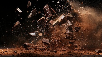 Chunks of milk chocolate and cocoa powder explode against a dark background
