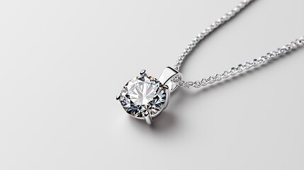 Elegant solitaire diamond pendant necklace on white background.