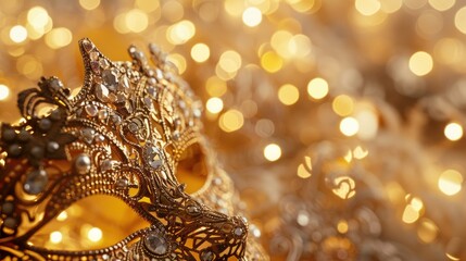 Close-up of an ornate, dark-colored masquerade mask with delicate gold detailing