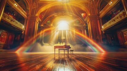 multi-tiered wooden stage set against a dramatic sky with a vibrant rainbow arching above and colorful clouds