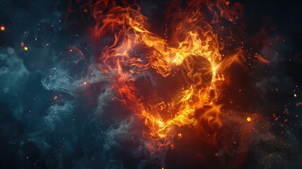 A vibrant image of a heart-shaped fire, with glowing orange flames on a dark smoky background