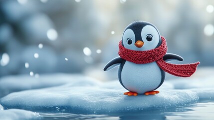 Fototapeta premium Adorable Penguin Chick in a Red Knit Scarf on an Icy Winter Landscape