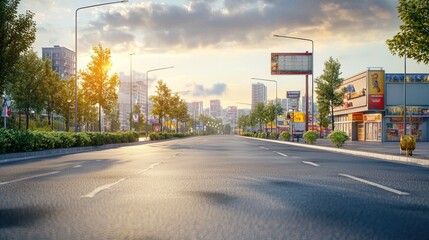 Sunrise Cityscape: Tranquil Urban Street at Dawn