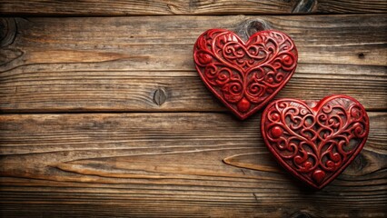 Fototapeta premium A close-up shot of two red hearts on a wooden background, with intricate carvings and textures , love, emotion