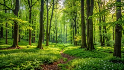 Obraz premium A lush forest with diverse plants and trees in a state of renewal after a gentle spring rain, ecosystem, greenery