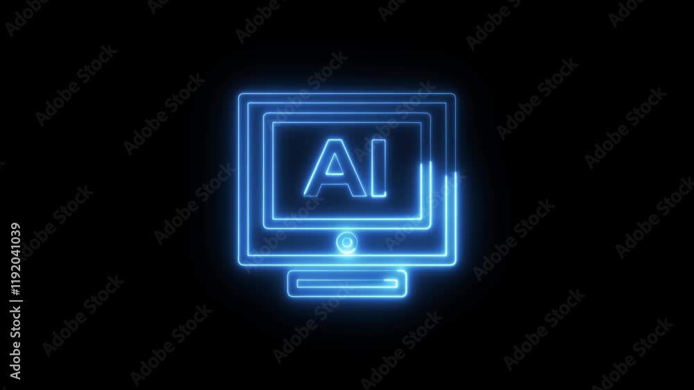 Poster ai computer computing icon on digital technology blue neon motion graphic loop animation style