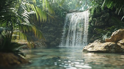 Serene Tropical Waterfall Paradise: Lush Greenery, Tranquil Pool, and Cascading Water