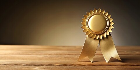 A golden badge with a ribbon tied around it, sitting on a wooden desk with a subtle gradient background, conveying a sense of reliability and trustworthiness , satisfaction, guarantee