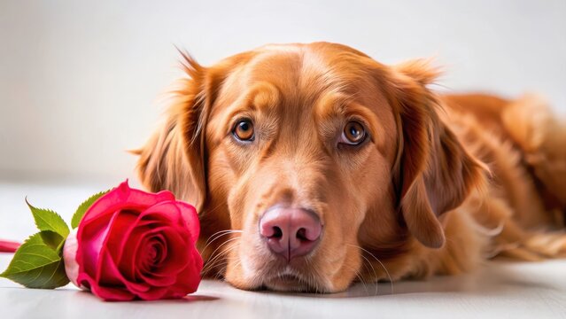A broholmer dog lying next to a rose with its head resting on the flower, gazing at it serenely, its fur slightly ruffled from the gentle petal caress, canine companionship, broholmers