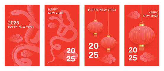 Chinese New Year 2025 hongbao red envelope design vector. Collection of Chinese festival with snake, flower, lantern, pattern. Elegant oriental illustration for angpao, cover, website, calendar, ads.