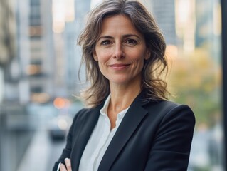 Naklejka premium Confident businesswoman in formal attire, standing outside an office building with a phone in hand, looking ready to take on the day.