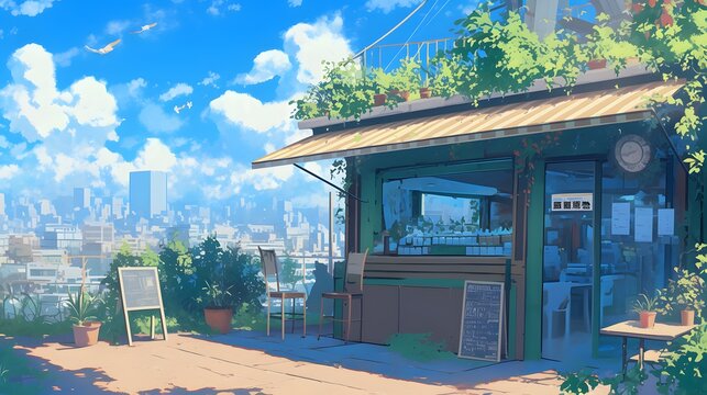 Outdoor anime cafe scene, blending peaceful atmosphere with stylish anime aesthetics.