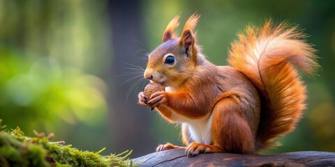 closeup of red squirrel with a nut in its mouth on blurred forest background with trees and foliage, nature