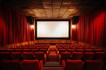 Fototapeta premium Exploring an empty movie theater with red seats and large screen. Perfect for cinema lovers and film production concepts.