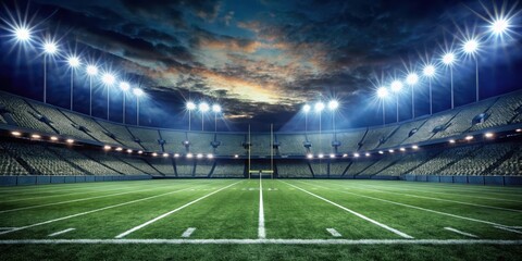 Darkened football field under stadium lights, nighttime sport, floodlights