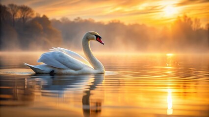 Fototapeta premium Elegant Art Swan floating serenely on the calm water at sunrise with warm golden hues and soft ripples , nature beauty, sunrise
