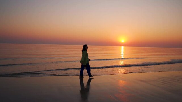 Silhouette of teenager girl walking on empty beach during sunset. Freedom, new beginning, dreams concept. Alone girl at beach. Female finding hope.