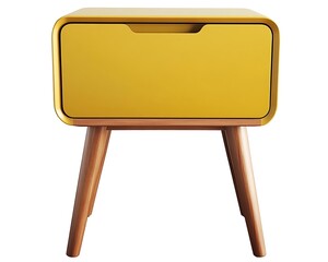 Trendy mustard yellow nightstand with wooden legs, isolated on white,
