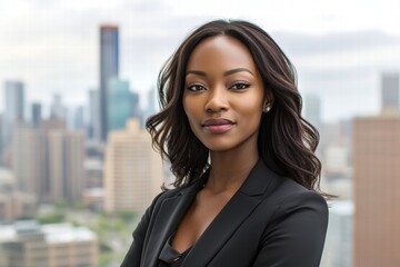 Fototapeta premium Confident woman in business attire standing in front of a cityscape background, with a modern and professional look.