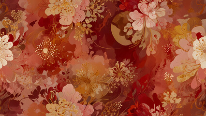 A romantic abstract illustration with swirling patterns in shades of red, blush, and gold, evoking a warm and intimate feeling, complemented by subtle floral motifs blending seamlessly