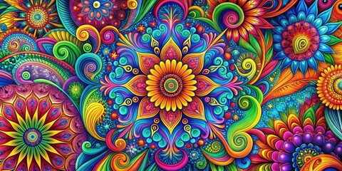 Vibrant Psychedelic Artwork with Groovy Colors and Shapes, joyful atmosphere, psychedelic