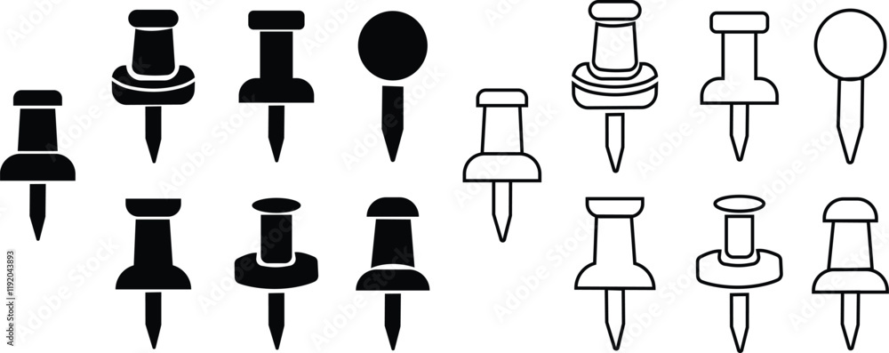 Poster push pin icons set in flat and outline styles. thumbtack for note attach. paperclip symbols. a needl