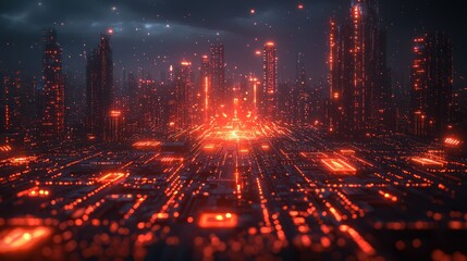 Naklejka premium Futuristic cityscape with glowing circuitry.