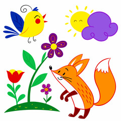 set of flowers and birds