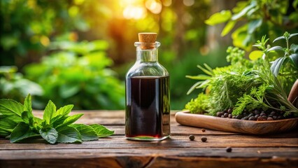 Dark liquid with golden undertones poured into a glass bottle on a wooden table surrounded by green leaves and herbs