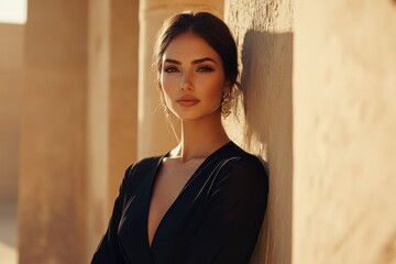 Fototapeta premium Stunning woman in black dress, elegant earrings. Ideal for fashion, beauty, or luxury product advertising.