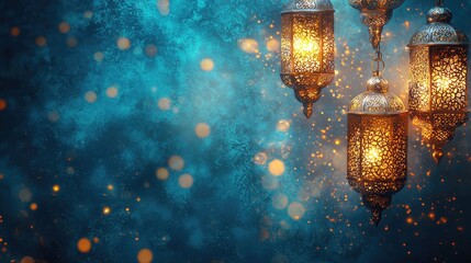 Obraz premium Glowing lanterns, festive night, bokeh background, Ramadan celebration, greeting card (1)