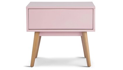 Trendy soft pink nightstand with wooden legs, clean white background,