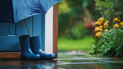 blue rain boots under umbrella on wet patio in garden