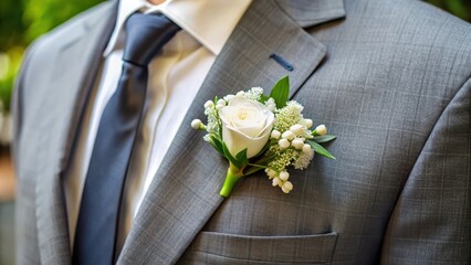 Groom's boutonniere adorned with delicate white flowers and greenery, perfectly placed on his left side jacket lapel, complementing his formal attire , floral arrangement, lapel decoration