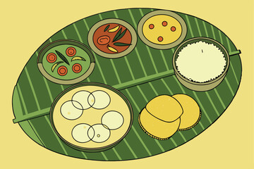 Traditional Indian thali, vibrant colorful food, banana leaf plate, rice, curry, vegetables, spices, overhead view, realistic rendering, studio lighting, high detail, food photography style, green and