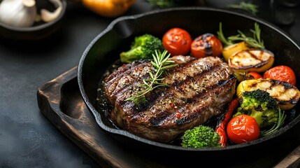 Grilled Steak with Roasted Vegetables in Cast Iron Skillet