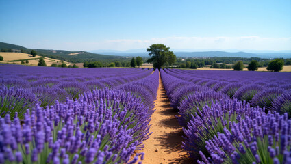 Fototapeta premium Lavender fields in Provence with vibrant purple flowers representing tranquil beauty