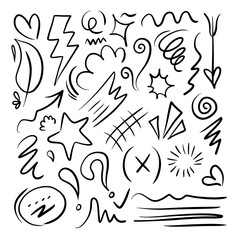 Set of black hand drawn anime manga doodle grunge line elements curved charcoal, chalk arrows, speech bubble, abstract shapes, icons, emphasis.