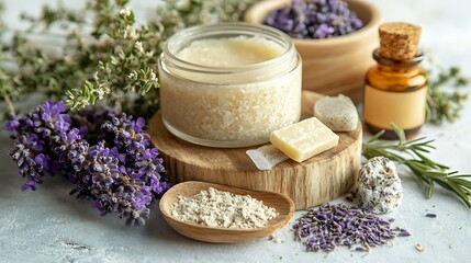 Lavender and herb body scrub ingredients. Spa treatment. Natural cosmetics. DIY recipe
