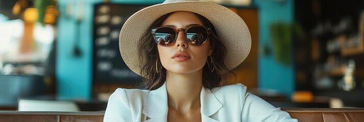 An elegant woman with a hat and sunglasses is sitting in a trendy cafe in a modern city.