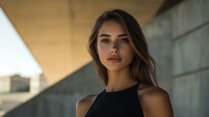 Fashion model in a sleek black dress, posing confidently in front of a modern architectural backdrop.