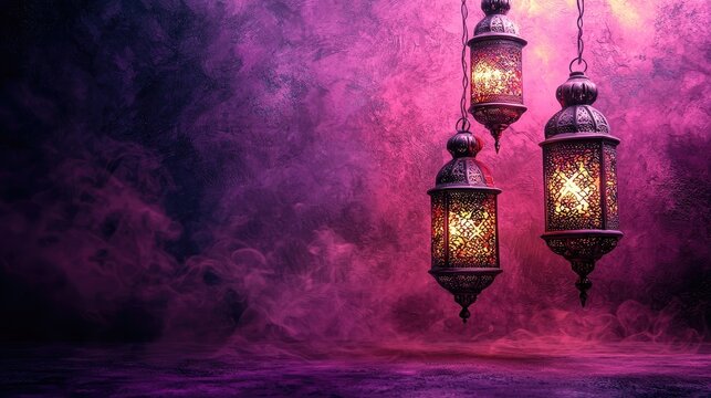 Ramadan lanterns hanging, smoky purple background, festive celebration, ideal for greeting cards