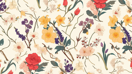 This image is a colorful floral wallpaper featuring a variety of flowers, including roses, daffodils, and lavender, in shades of red, yellow, purple, and pink, against a cream-colored background