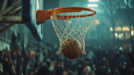 A basketball is shot through a hoop, surrounded by an excited crowd in a dimly lit setting.