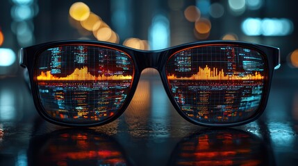 Sunglasses reflecting a vibrant cityscape.